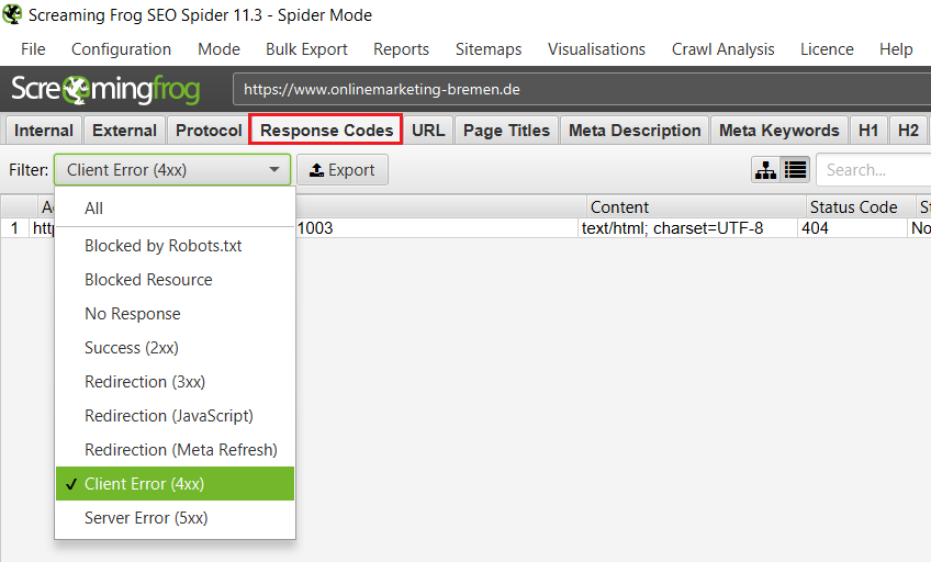 Screaming Frog 11.3 - Response Codes