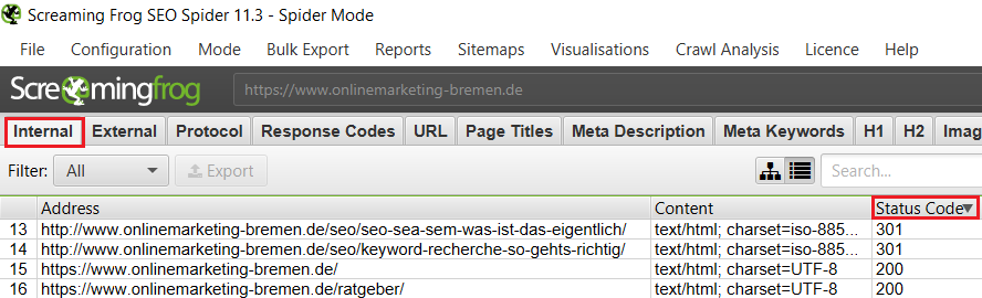 Screaming Frog 11.3 - Status Code