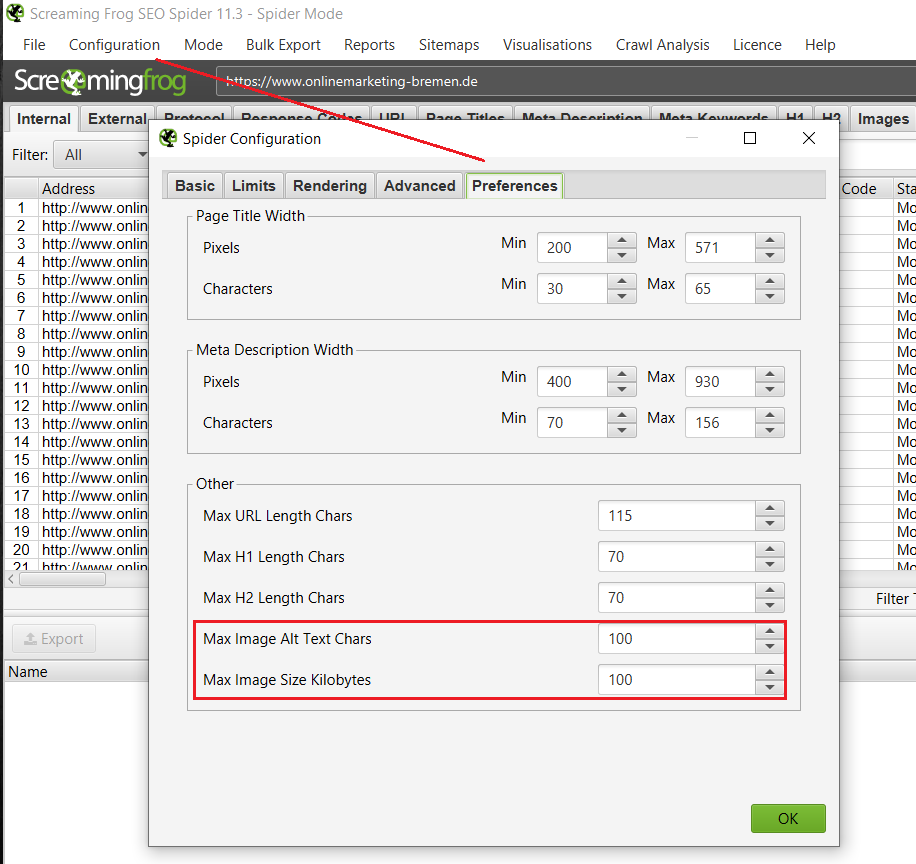 Screaming Frog - Weitere Einstellungen für die Bildoptimierung