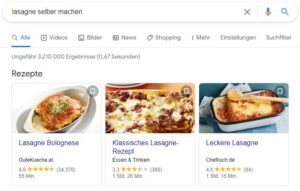 Screenshot von den SERPS zum Keyword Lasagne Rezept